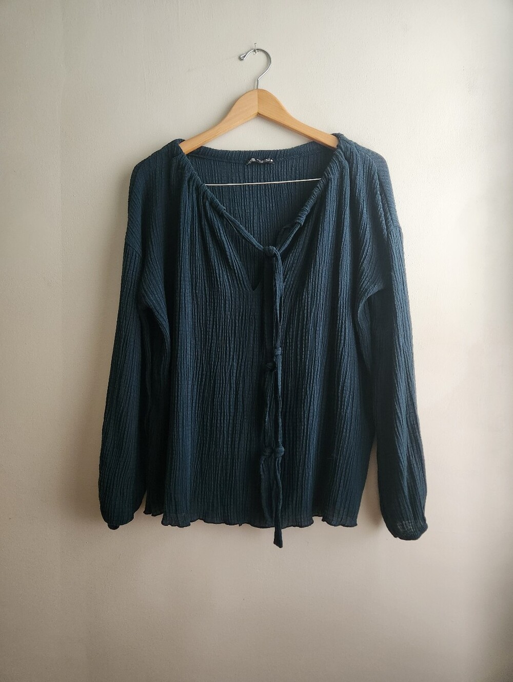 Zara Textured Navy Crinkle Oversized Peasant Top